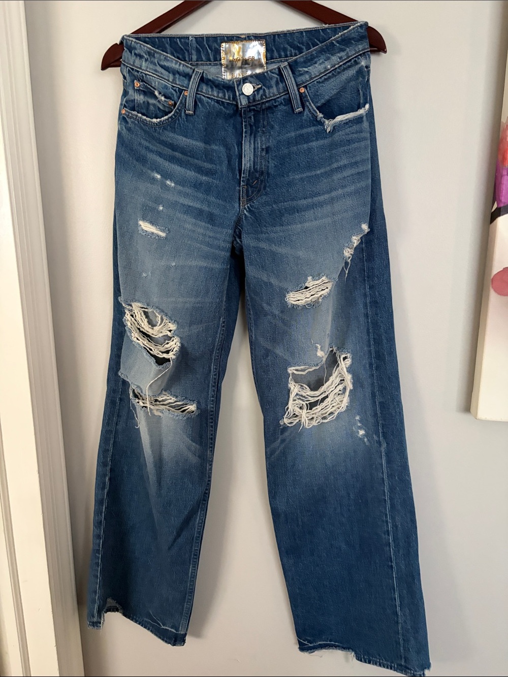 MOTHER Distressed Wide-Leg Jeans - Blue size 26